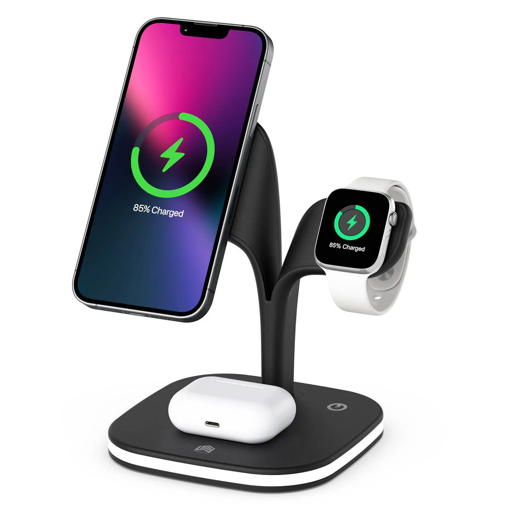 3-in-1 wireless charger stand for phone watch headphone in black on desk