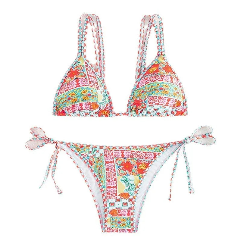 Women's lace-up front one-piece swimsuit with split leg design in polyester fabric