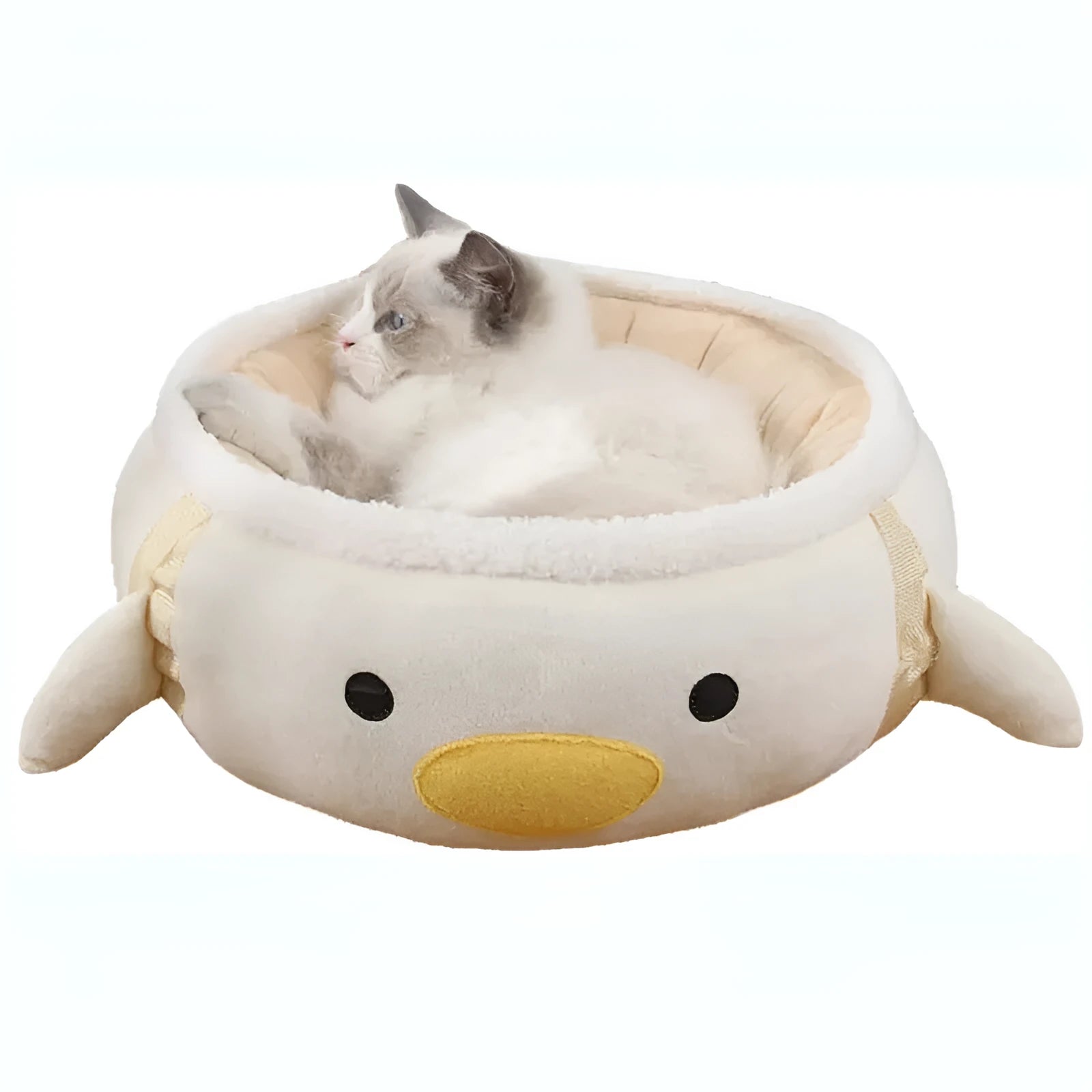 Green dinosaur and chick shaped cat bed shown both as a flat sofa and hanging as a hammock.