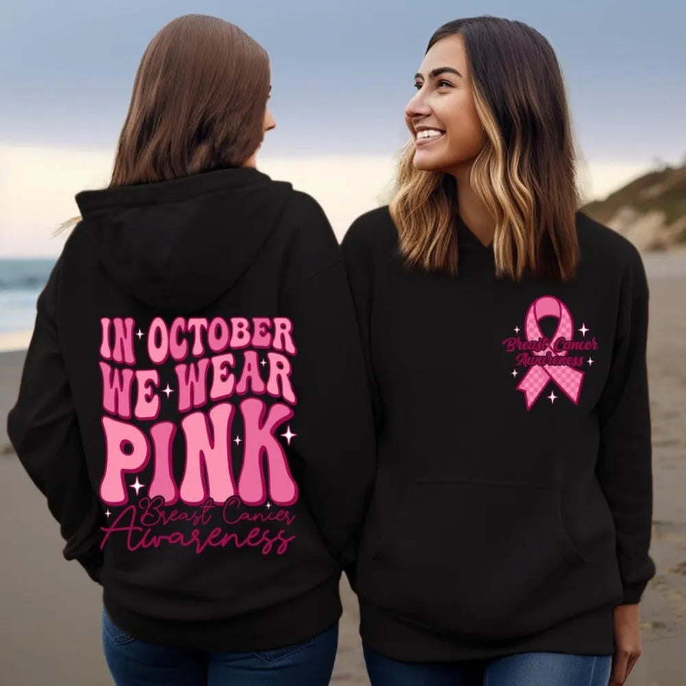 Breast Cancer Awareness hoodie with hot stamped retro pattern and side seam pocket in pink colour