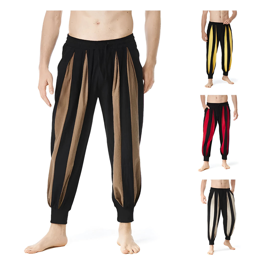 Man wearing straight-leg casual trousers in one of four available colours: brown, khaki, red, or yellow.