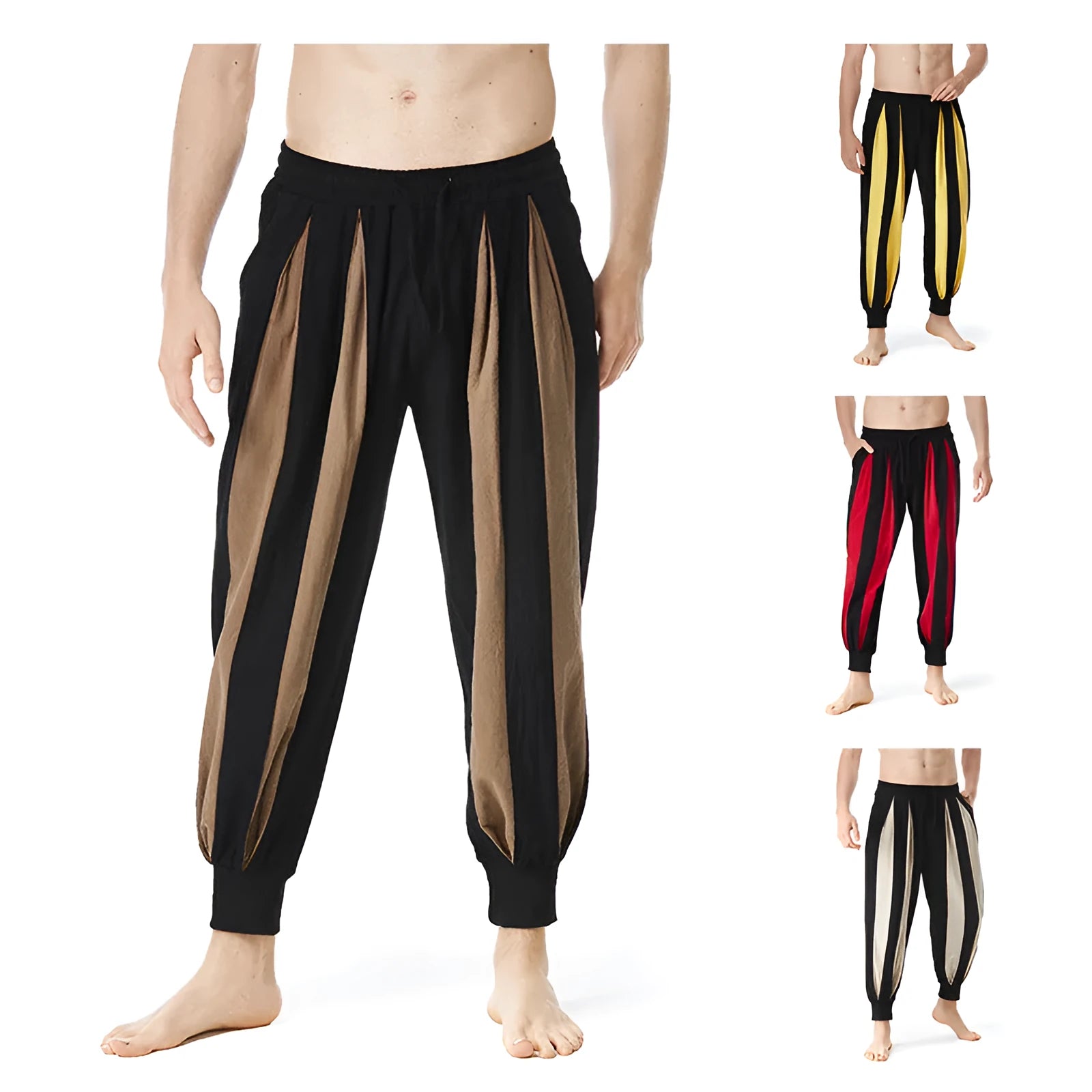 Man wearing straight-leg casual trousers in one of four available colours: brown, khaki, red, or yellow.