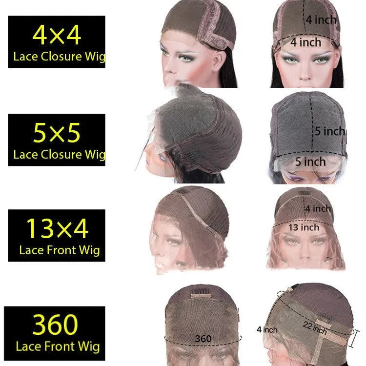 A woman wearing a real human hair lace front headgear with a 4x4 lace construction and long, styled hair.