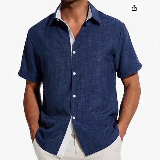 Men's short-sleeved floral print polyester shirt in gray, front view, casual summer style