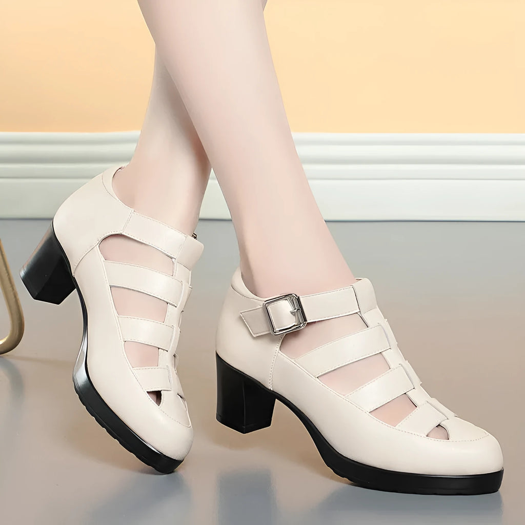 Closed toe chunky heel sandals for women, woven hollowed upper, ankle strap, beige colour, side view
