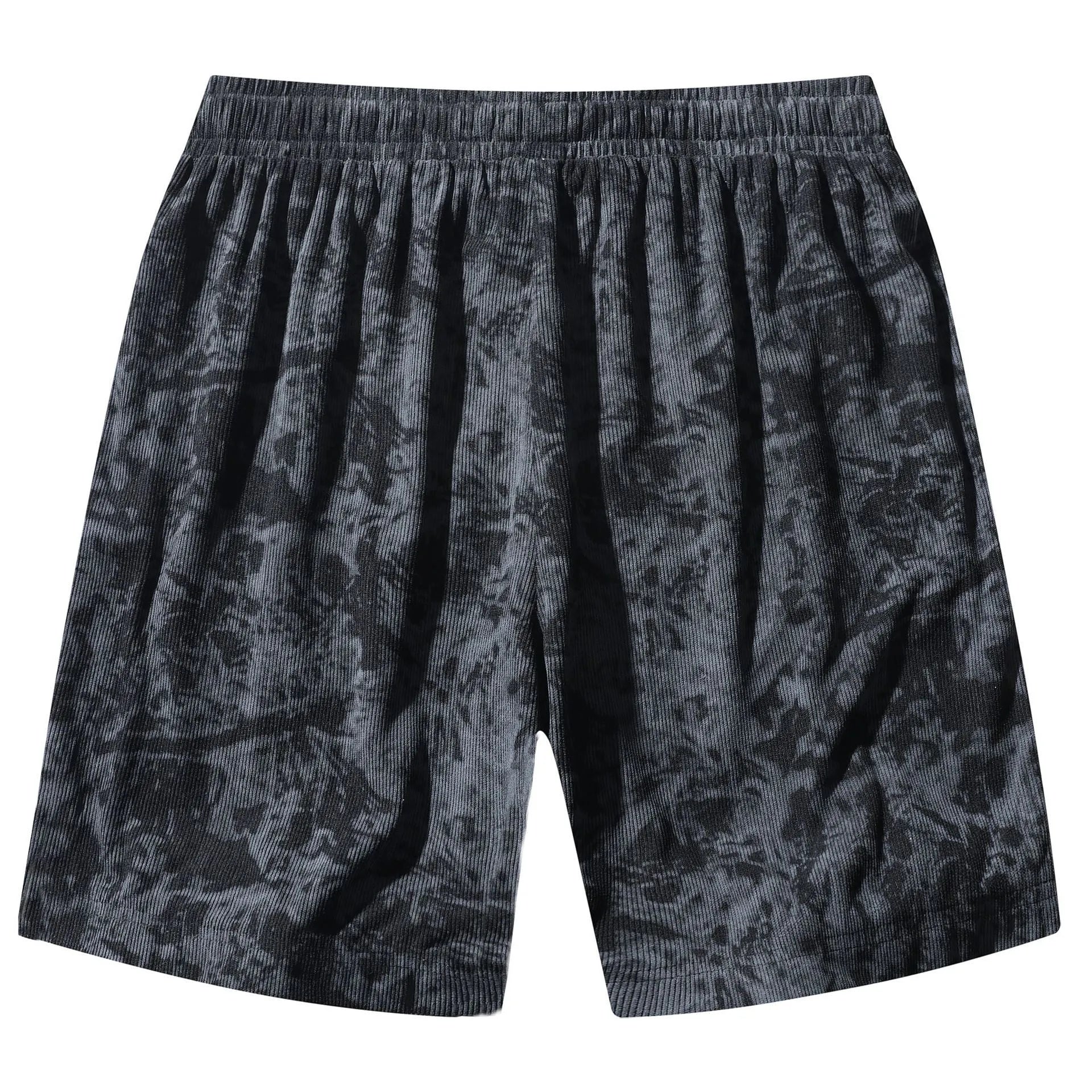 Men's black corduroy camouflage print athletic shorts with a high waist and straight-leg cut on a mannequin.
