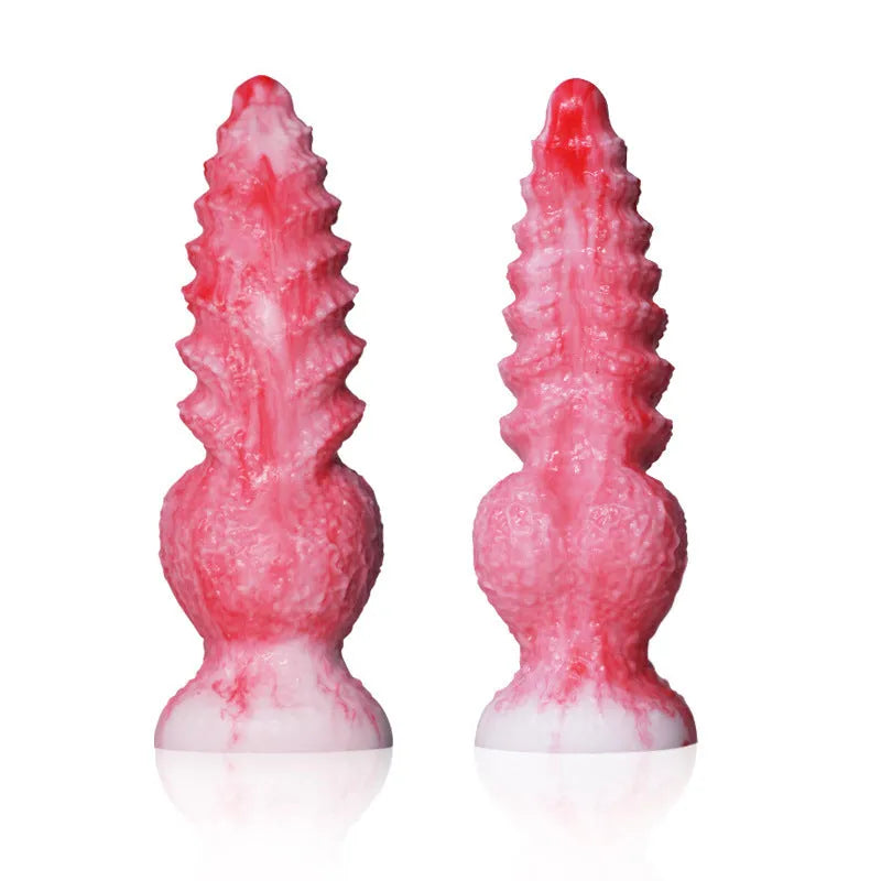 Pink platinum silicone penis-shaped women's masturbator sex toy on a plain background.