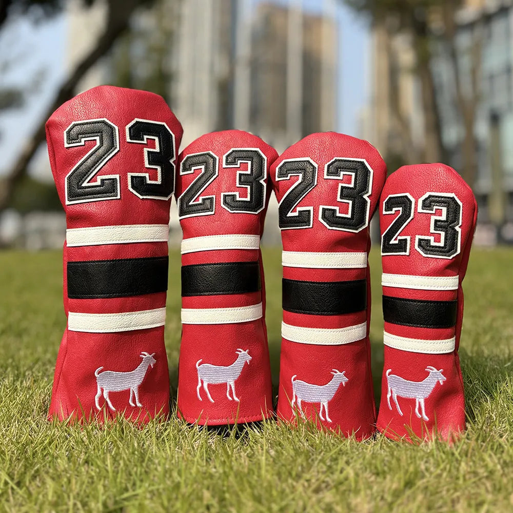 Set of PU golf club head covers in various colours including red, black, white, and yellow sleeves for woods and a square putter