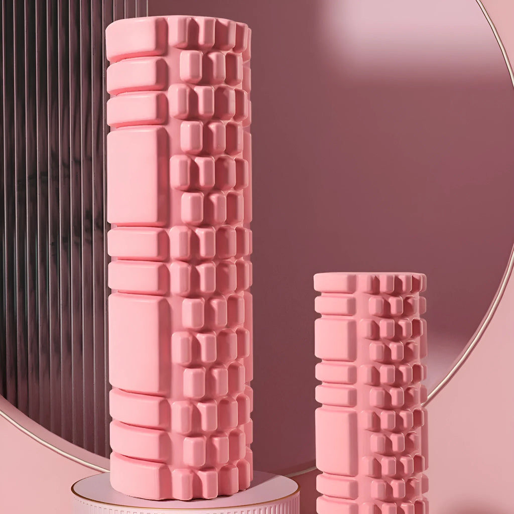 EVA foam roller for fitness recovery in black, shown beside colour options including grey, pink and sky blue
