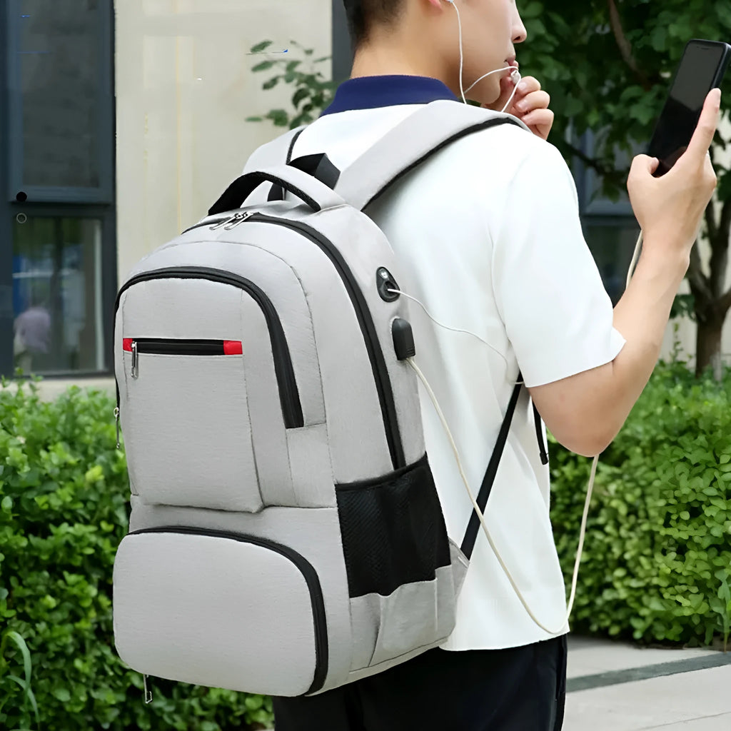 Oxford cloth insulated backpack with curved shoulder straps in light grey, showing dry-wet separation compartments