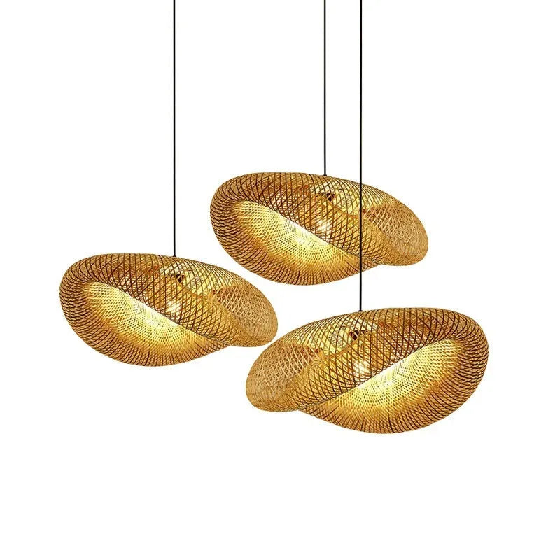 Handmade natural bamboo straw hat-shaped hanging lamp with woven rattan shade.