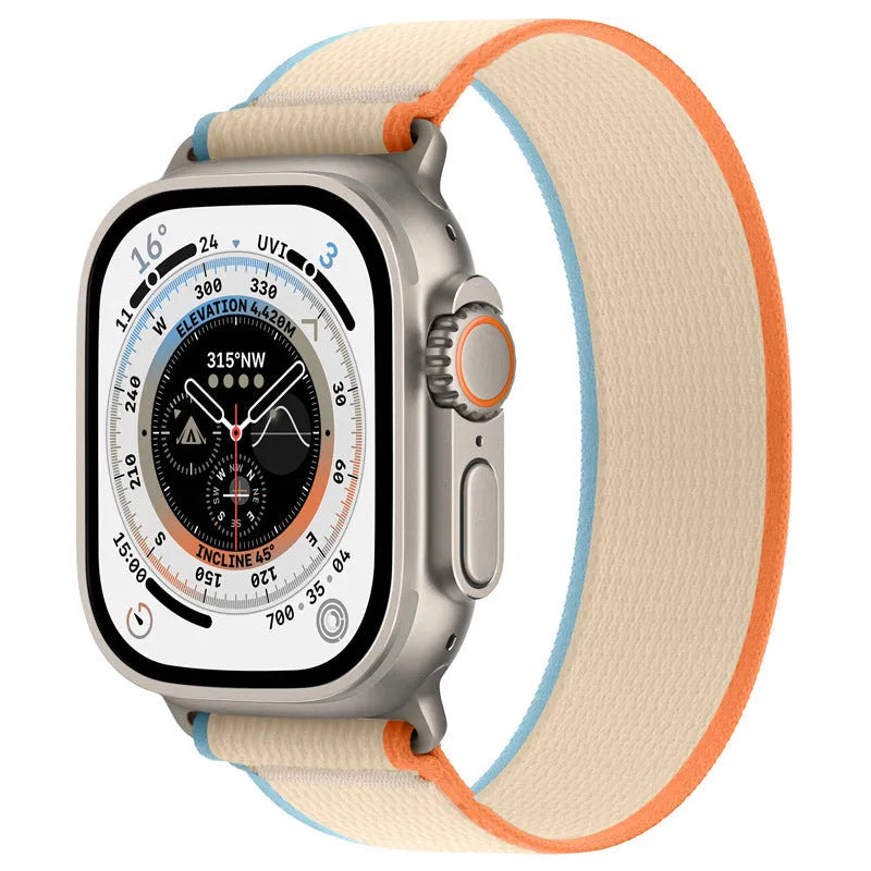 Single ring fastening nylon Apple Watch band in multiple colours showing integrated strap design