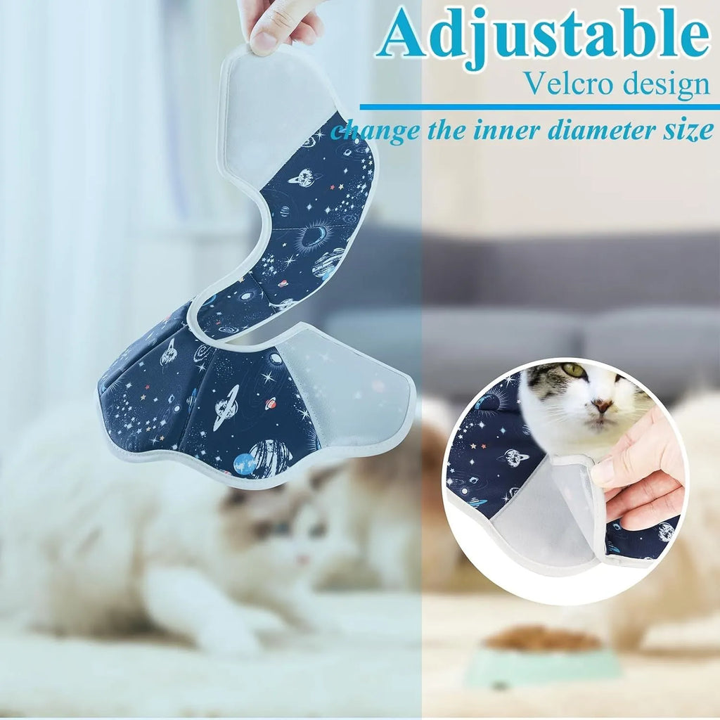 Soft cat recovery collar in Constellation pattern on a small cat resting after surgery