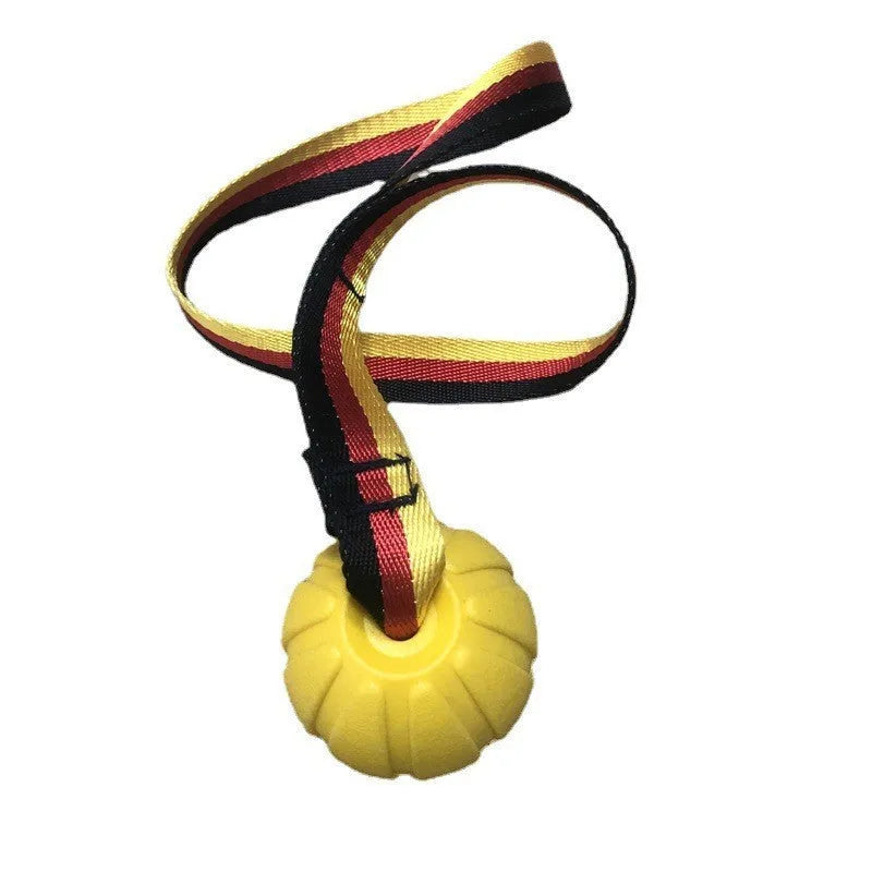 EVA floating tetherball dog toy in camouflage and yellow colours showing three diameter sizes