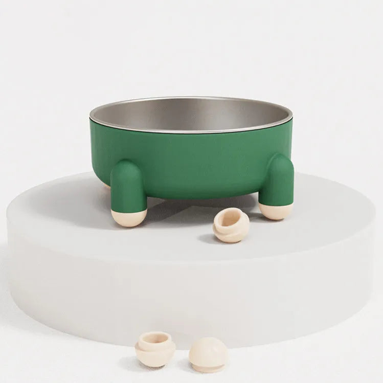 Green stainless steel pet bowl with a non-slip base and raised high-foot design.