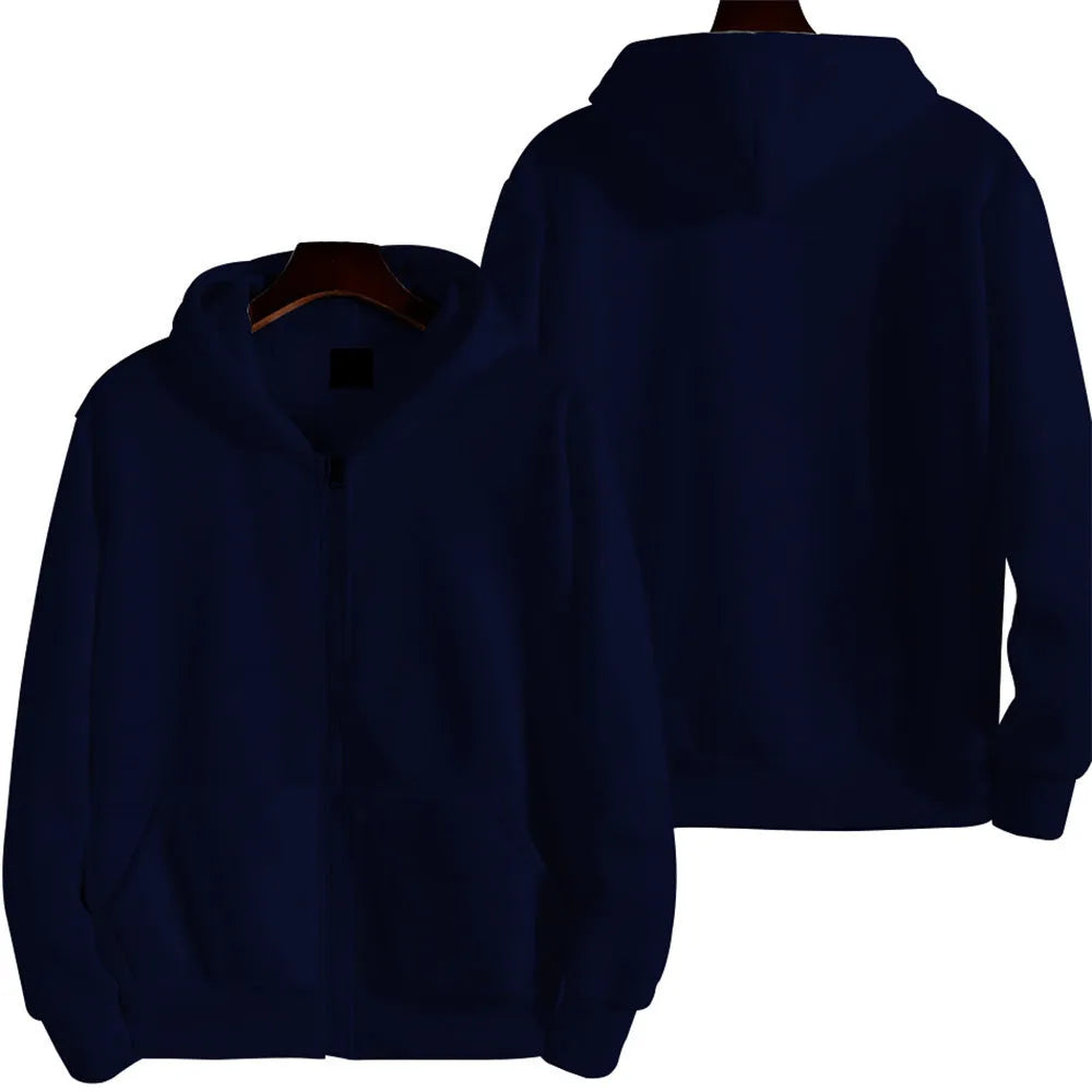 Men's solid colour loose-fit zipper jacket in polyester fabric on a hanger.