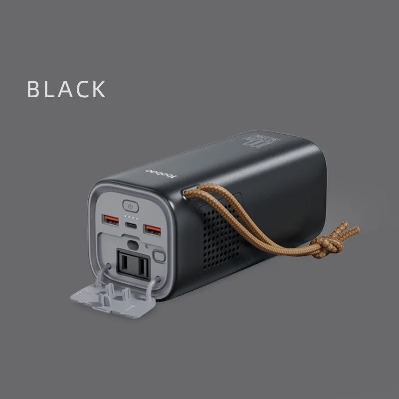 Black portable power bank with solar panel, measuring 70x70x162mm, featuring 200W output and flame retardant shell