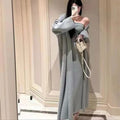 Women's grey knitted cardigan dress and coat suit set with flocking pattern detail