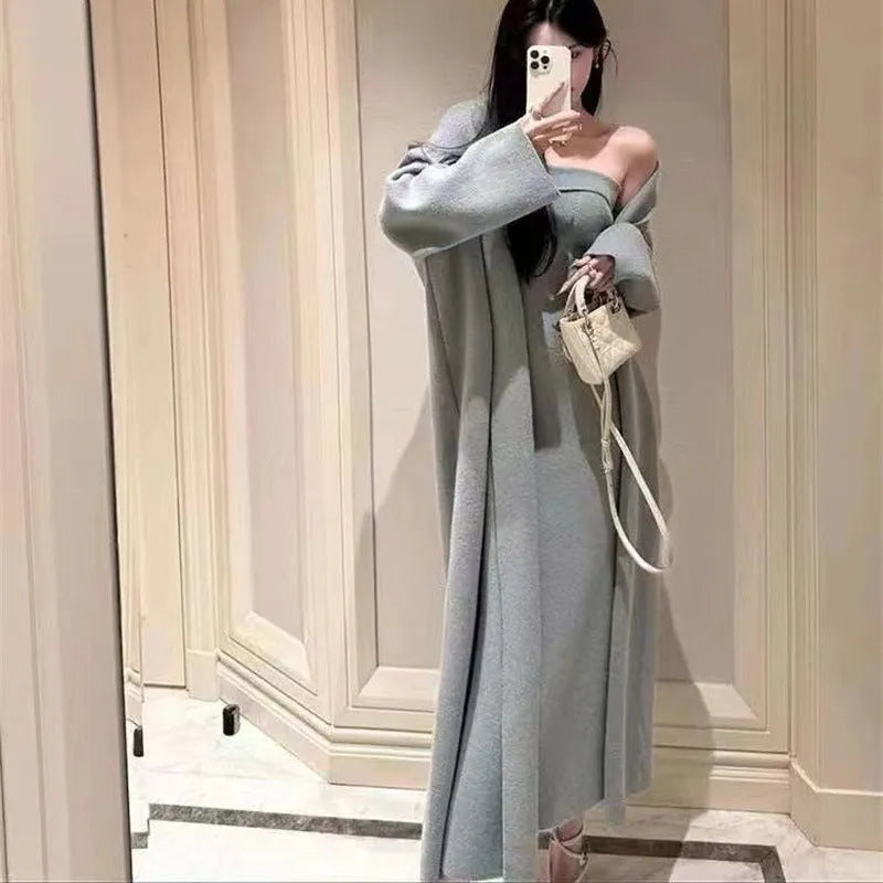 Women's grey knitted cardigan dress and coat suit set with flocking pattern detail