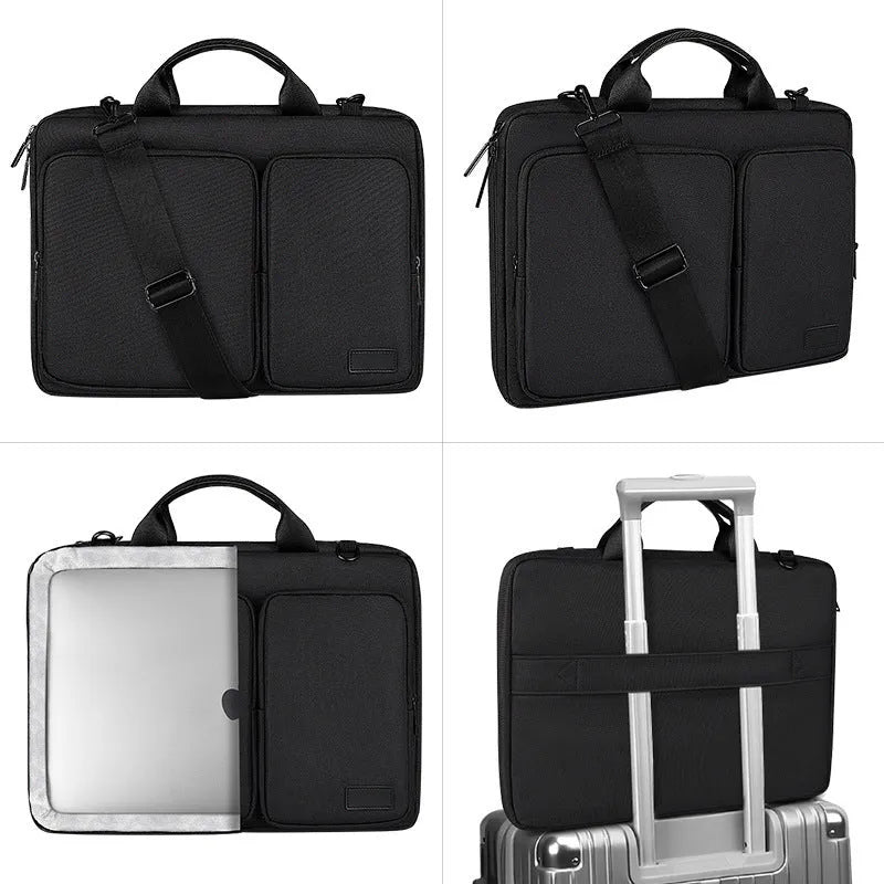 Shock proof polyester shoulder laptop bag in black with retractable handle and zipper opening