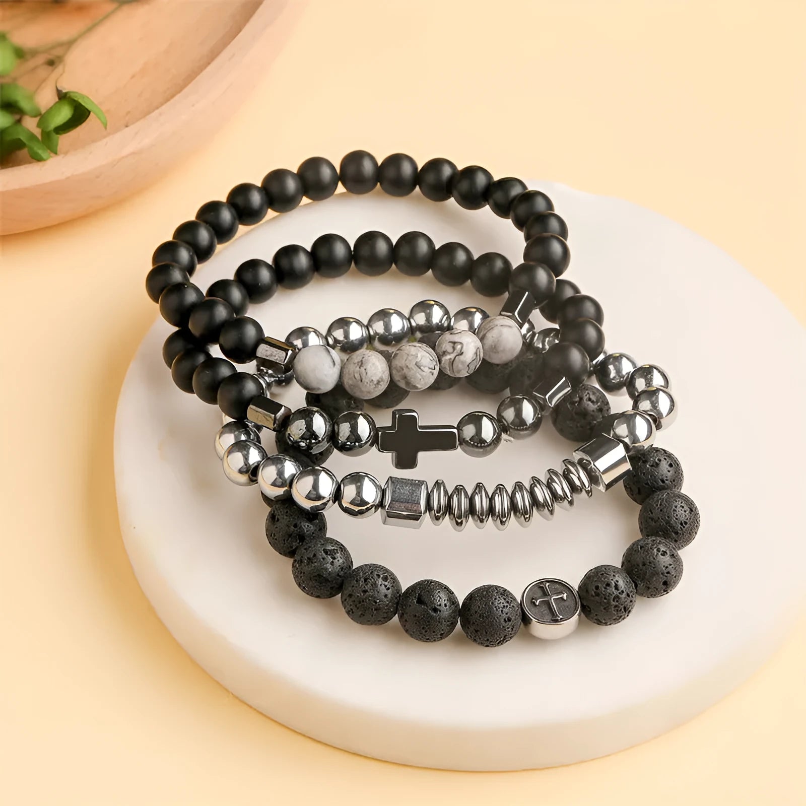 Geometric agate bracelet with volcano colour beads and stainless steel finish
