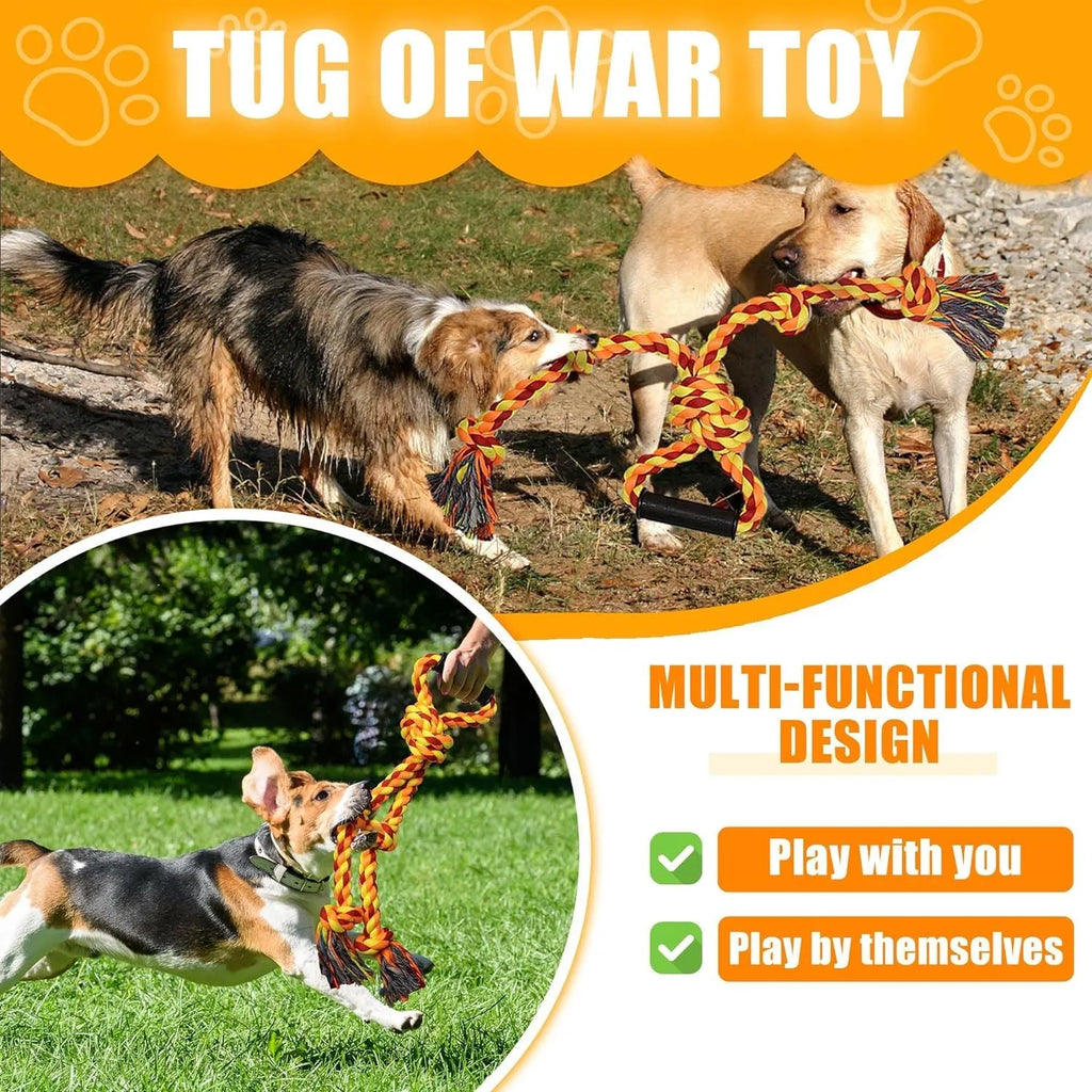 Blue and yellow cotton rope dog toy with reinforced centre connector for large breed chewing