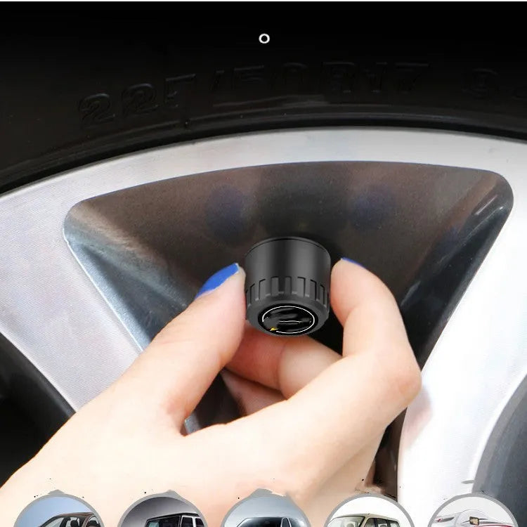 Bluetooth 5.0 automotive tyre pressure monitor with four black sensors and installation tools