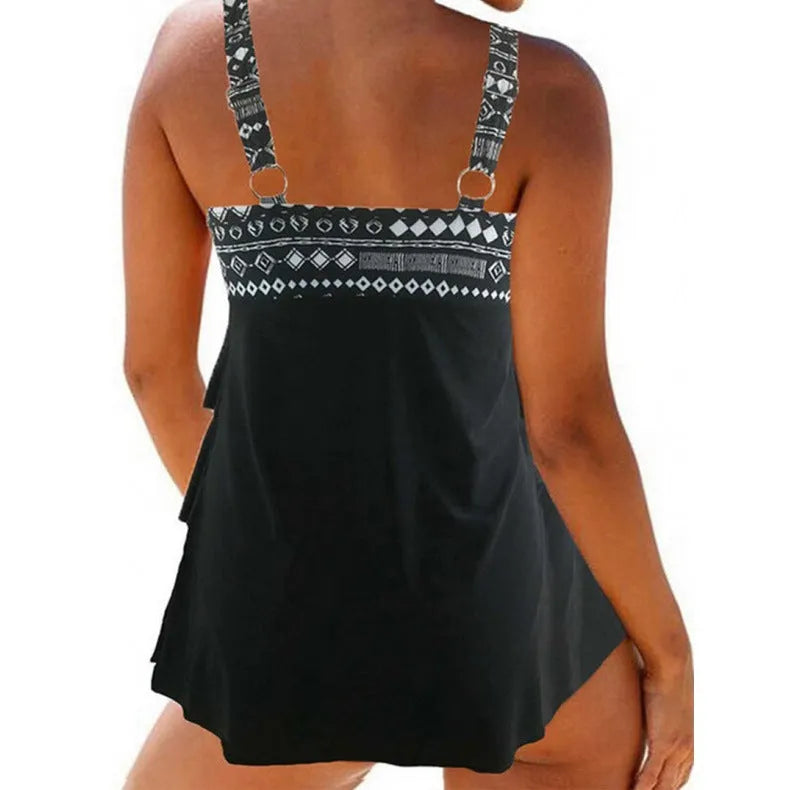 Plus-sized double-shoulder strap split swimsuit with bow detail for women, polyester fabric, picture colour