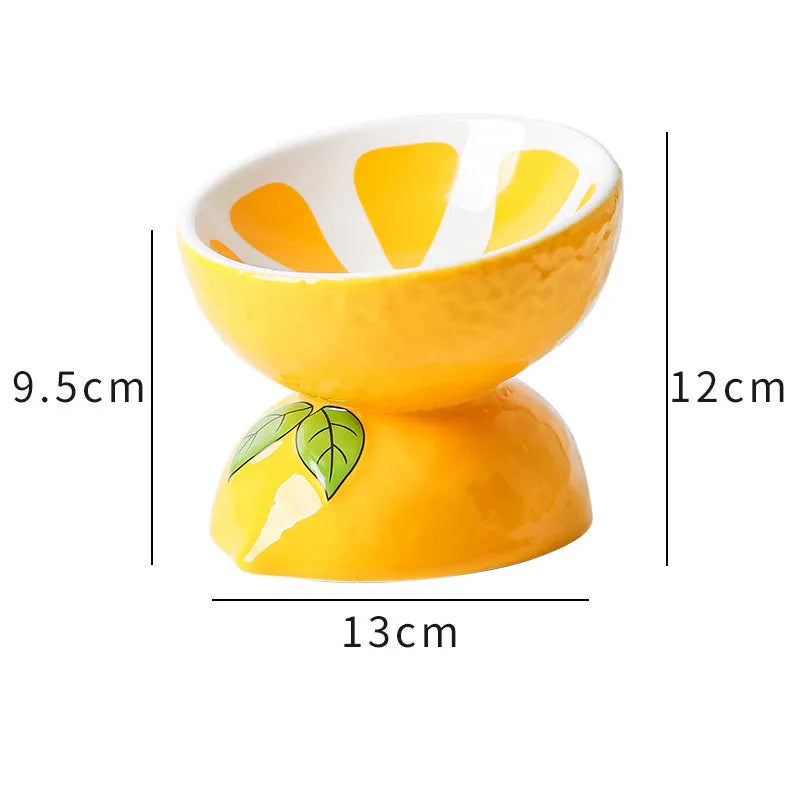 Ceramic raised cat bowl in orange colour with tilted design and patterned detail on a non-slip base