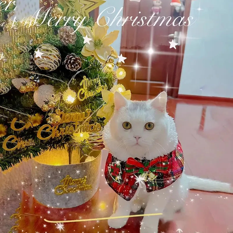 Red background pet Christmas cloak with bell design on dog, showing snowflake pattern and scarf length