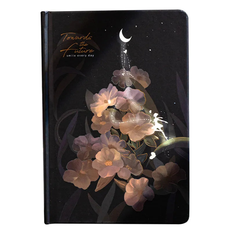 Four A5 hardcover notebooks with luminous covers in deep blue, gold, light blue, and purple colours.