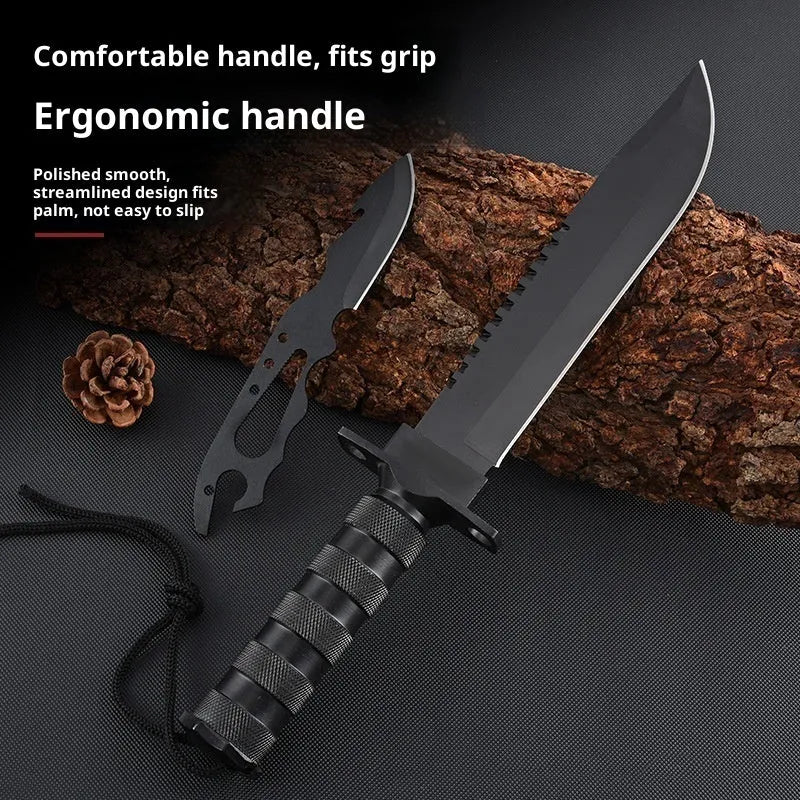Keel integrated multifunctional small straight survival tactical knife with black aluminium handle and 8Cr19Mov steel blade