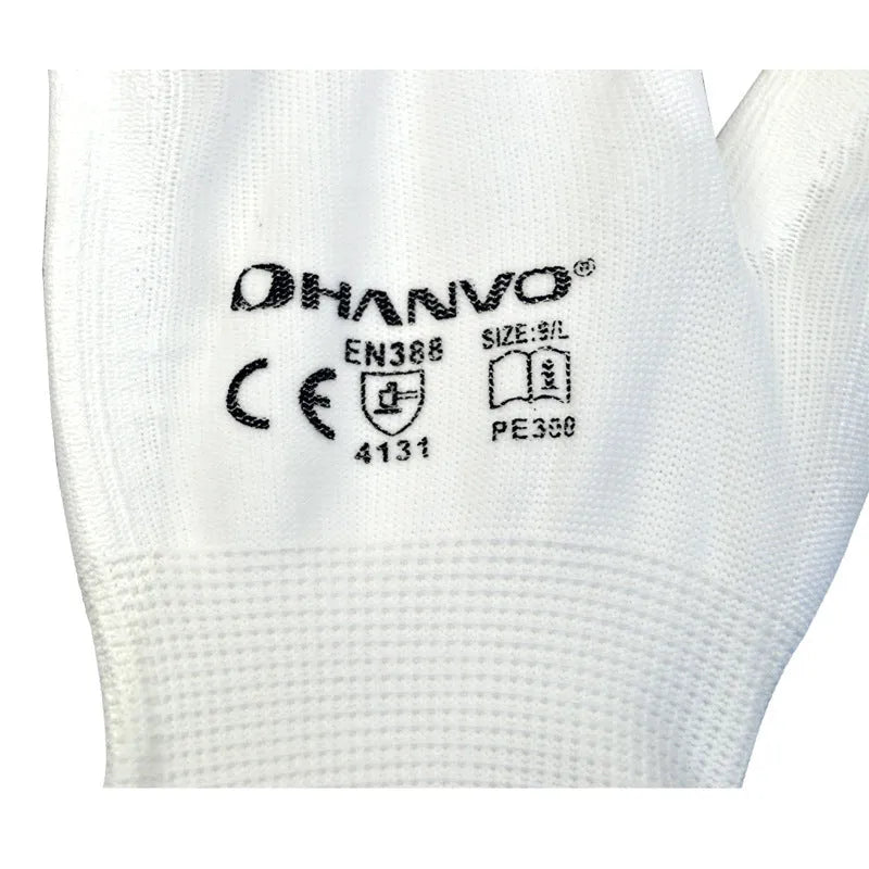 White PU coated industrial work gloves showing flexible construction and 24 cm length
