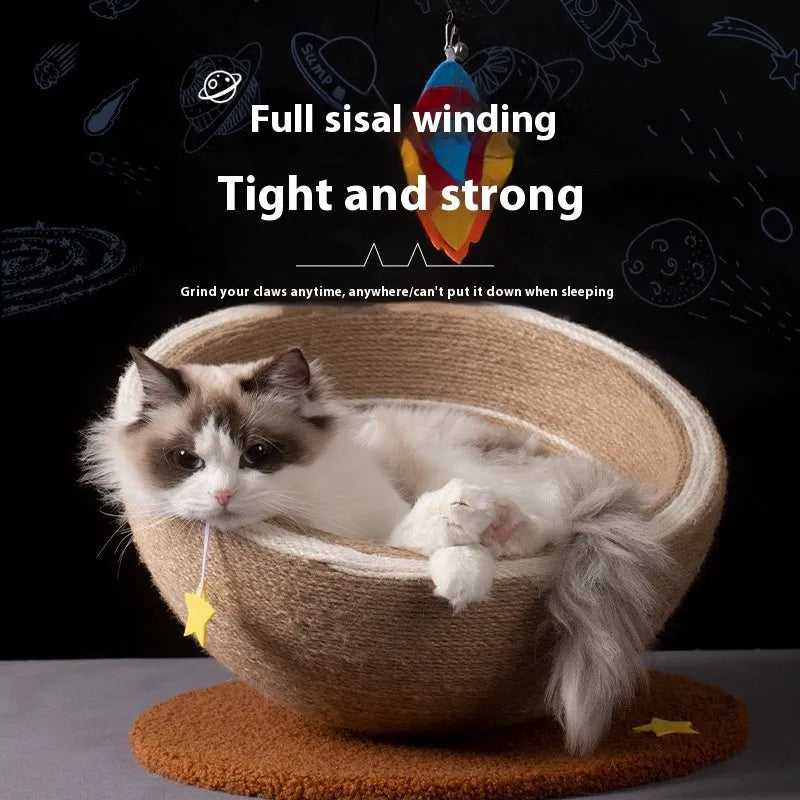 Large integrated cat scratching basin nest with sisal rope scratching surface and flannel fabric nest area