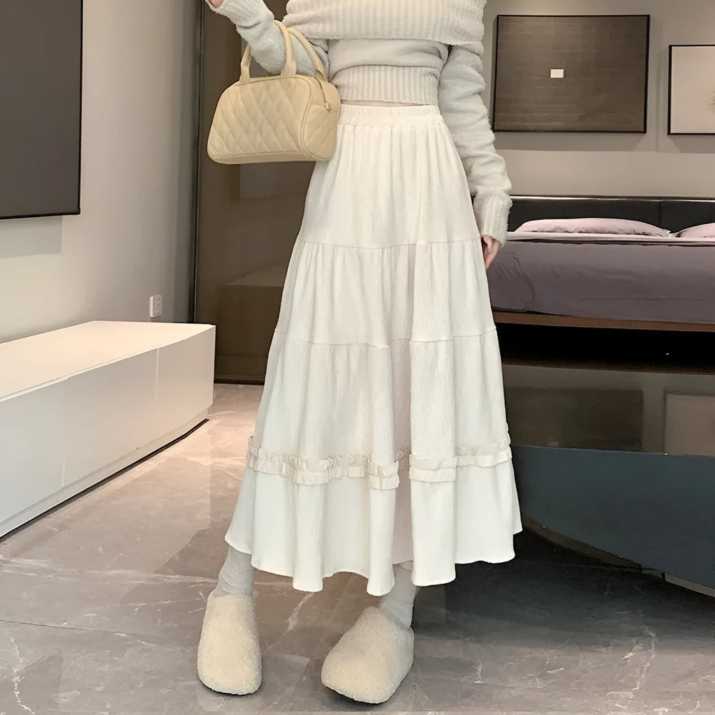 Corduroy A-line midi skirt with elastic waistband in beige colour, showing Korean-style urban design