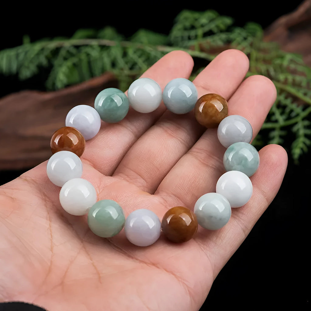 Natural Myanmar jade three-colour bracelet with 13mm round beads and national style design