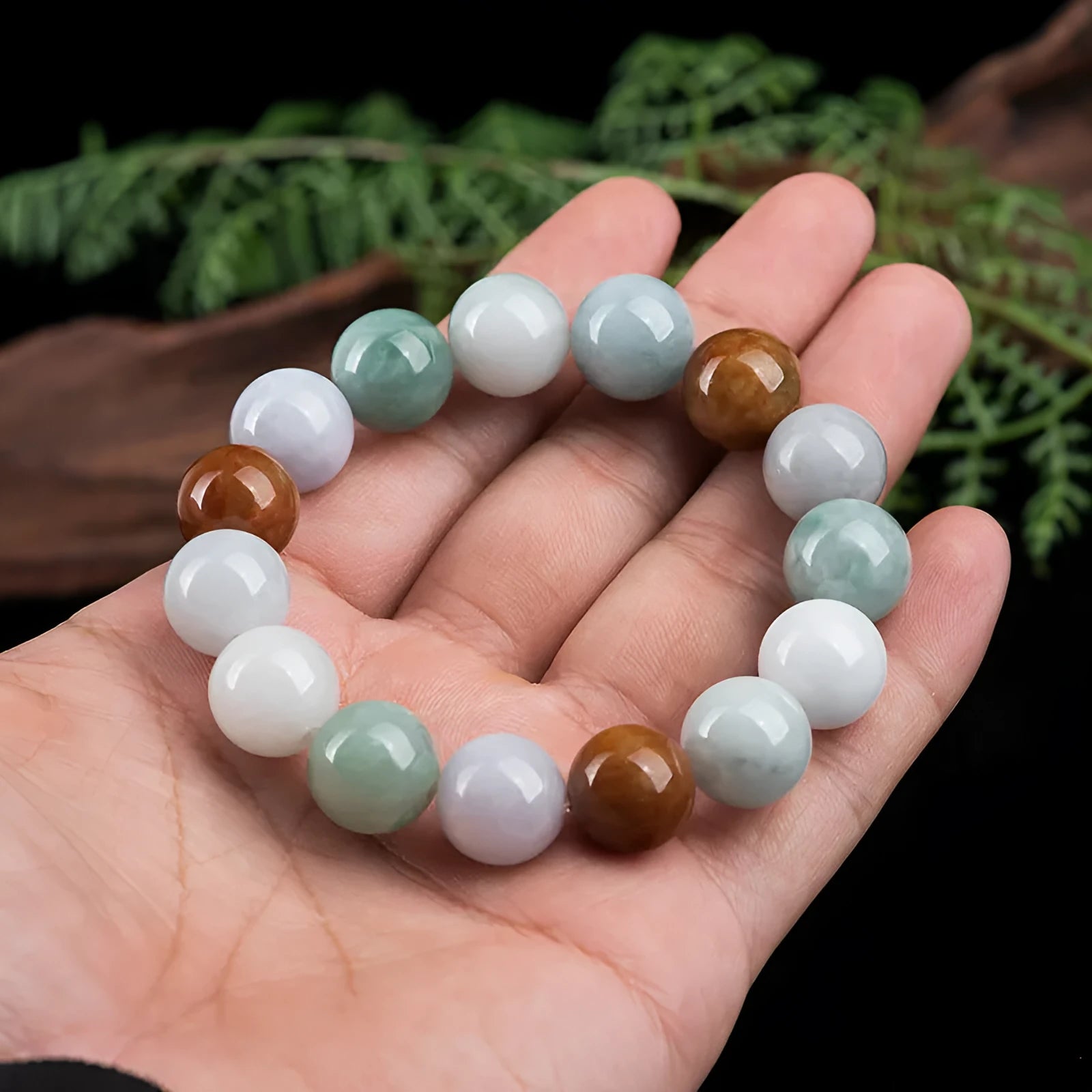 Natural Myanmar jade three-colour bracelet with 13mm round beads and national style design
