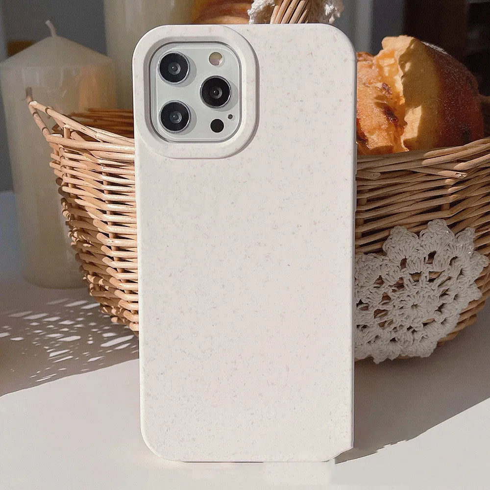 Degradable wheat straw composite phone case for iPhone 14 Pro Max in various colours.