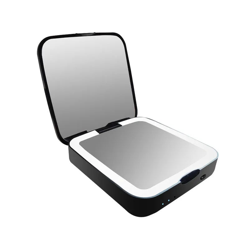 Black and white makeup mirror with magnification and HD mirrors featuring adjustable warm and cold LED lighting