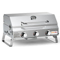 Silver desktop gas barbecue grill with three stainless steel burners and foldable legs