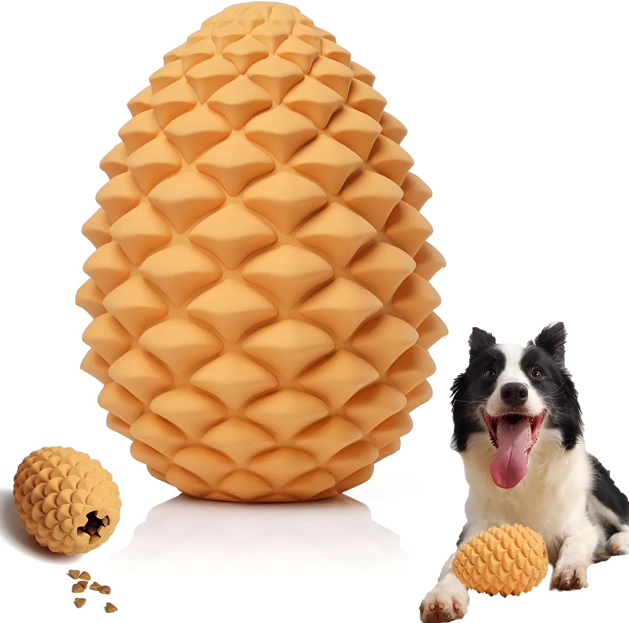 Yellow natural rubber pine cone dog toy with treat dispenser for medium to large breed dogs