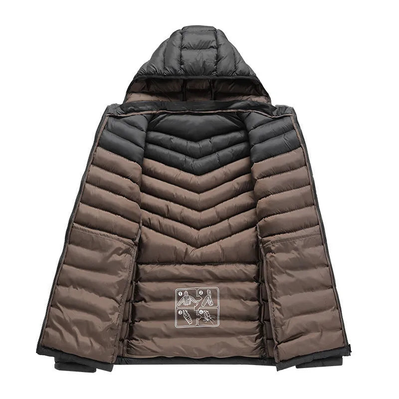 Men's lightweight down cotton-padded jacket in black with hood and zipper pockets, shown front view