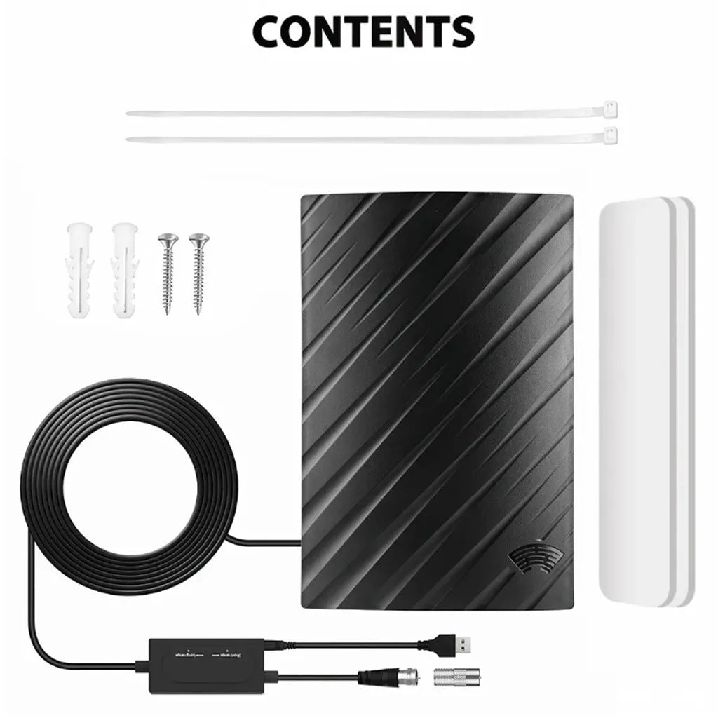 Black plastic digital television antenna with expansion tube and mounting screws on a white background.