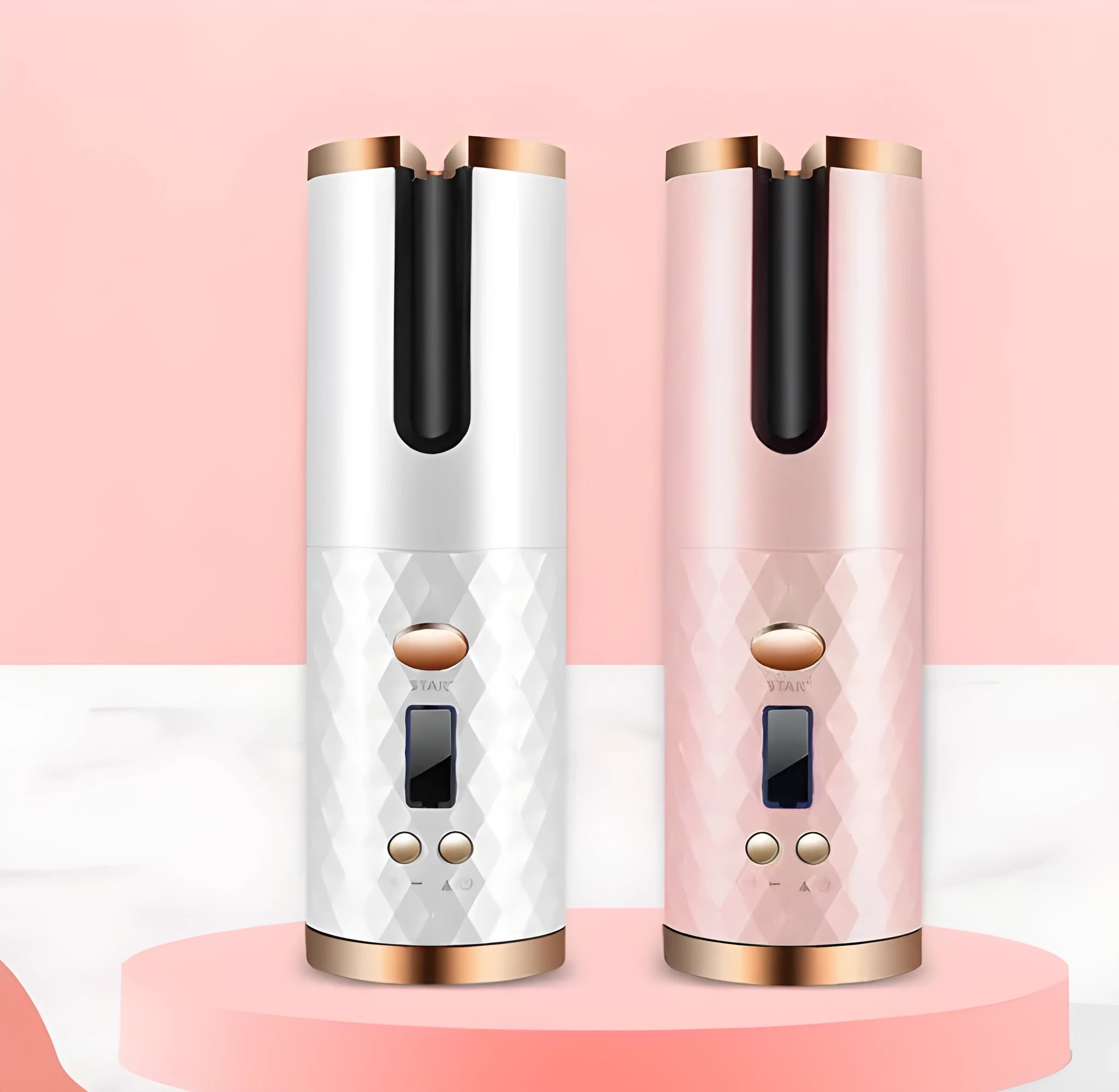 White portable automatic curling iron with USB charging cable and gold ceramic barrel