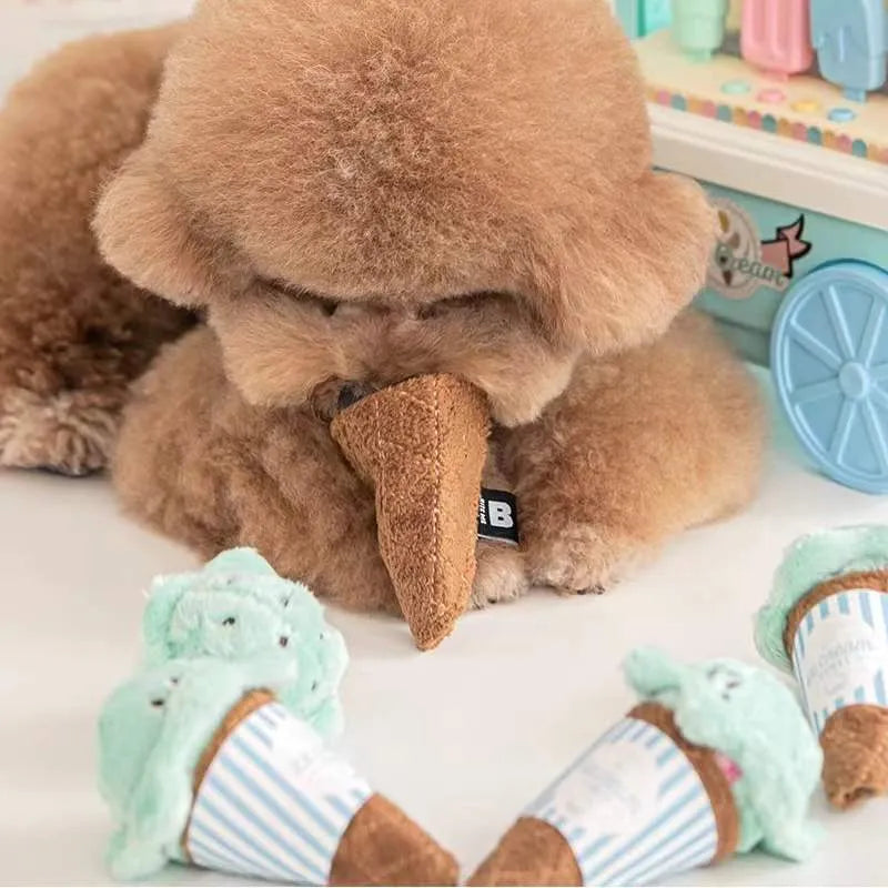 Fleece ice cream squeaky pet toy in lake blue and pink, 13cm long