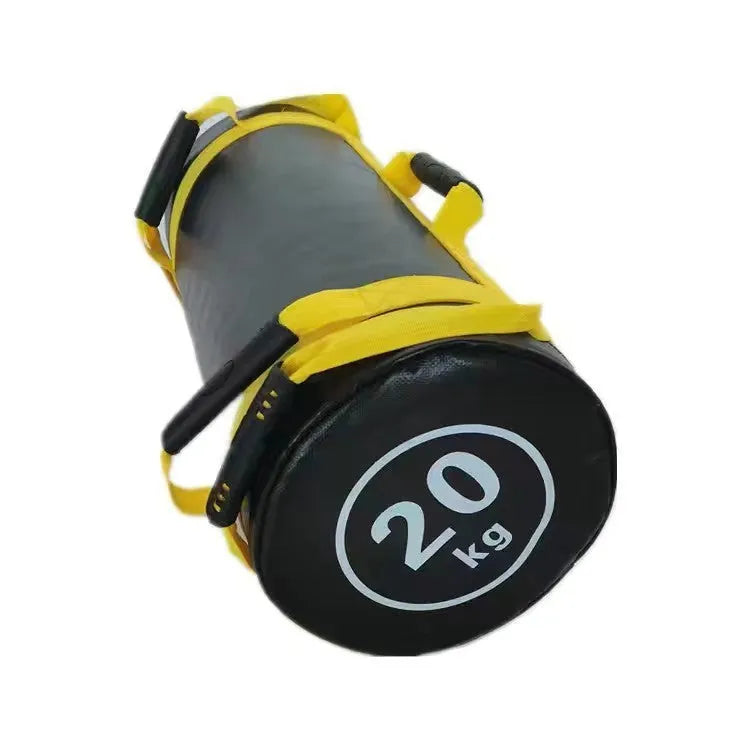 Flat white PVC fitness training sandbag with weight options from 5kg to 30kg for strength workouts