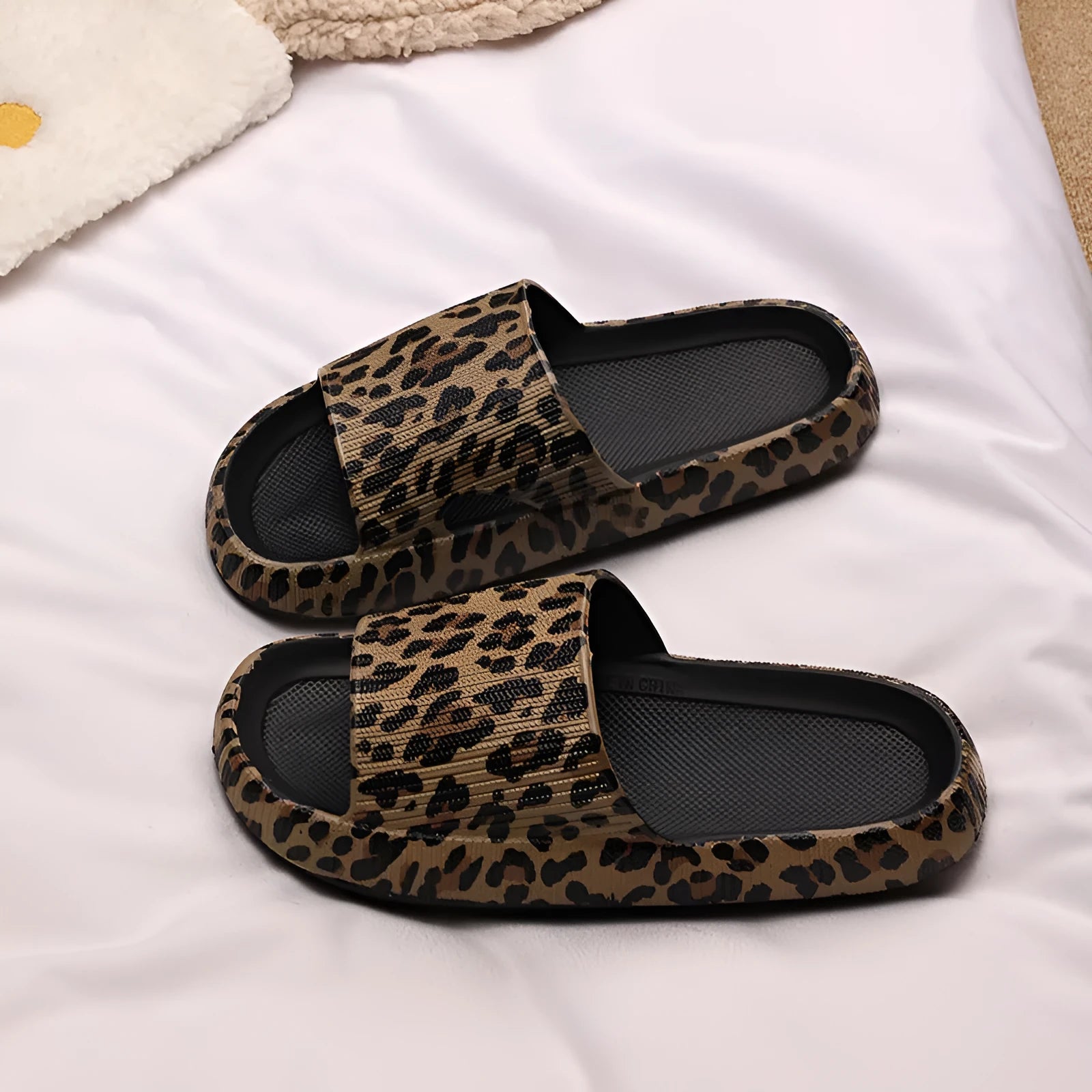 Women's Korean style leopard print slippers with thick EVA sole in multiple animal print colours