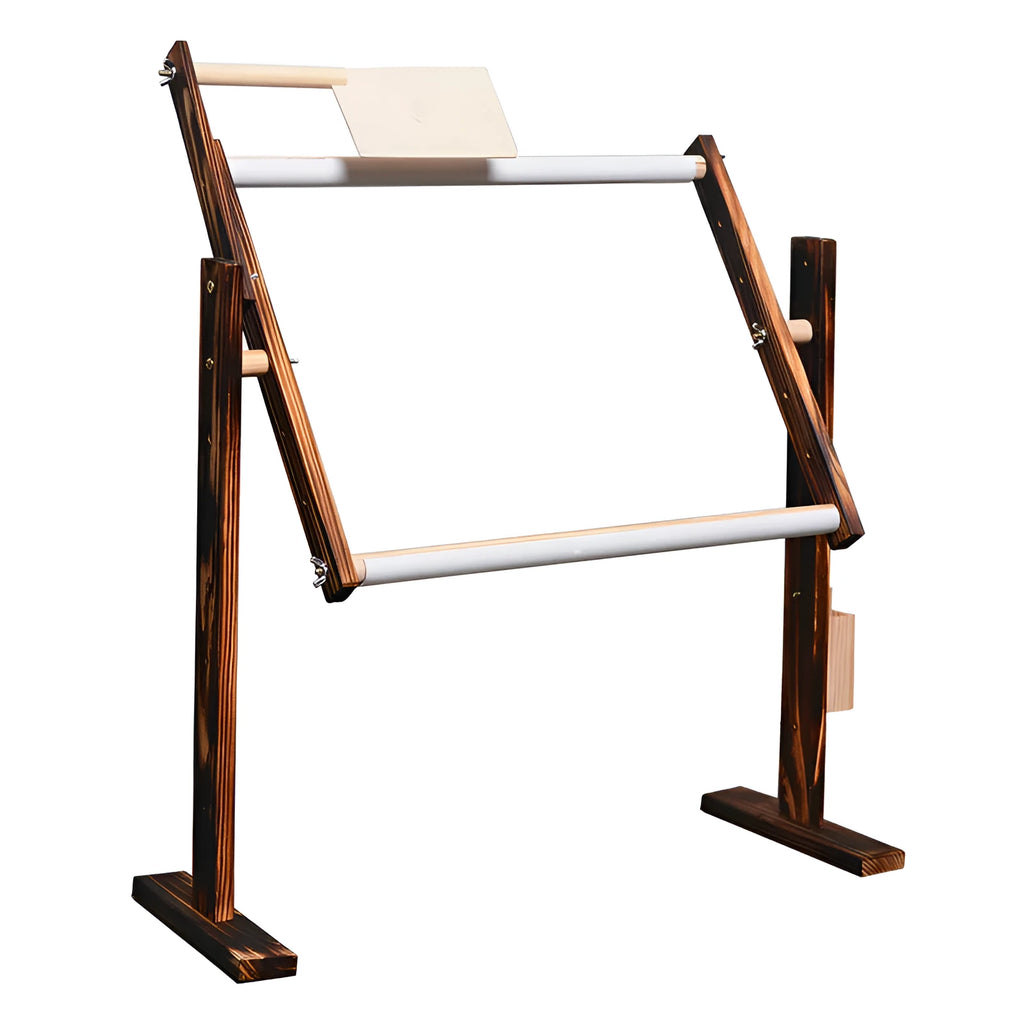 Height adjustable vertical desktop solid wood cross stitch frame in log colour small on a table