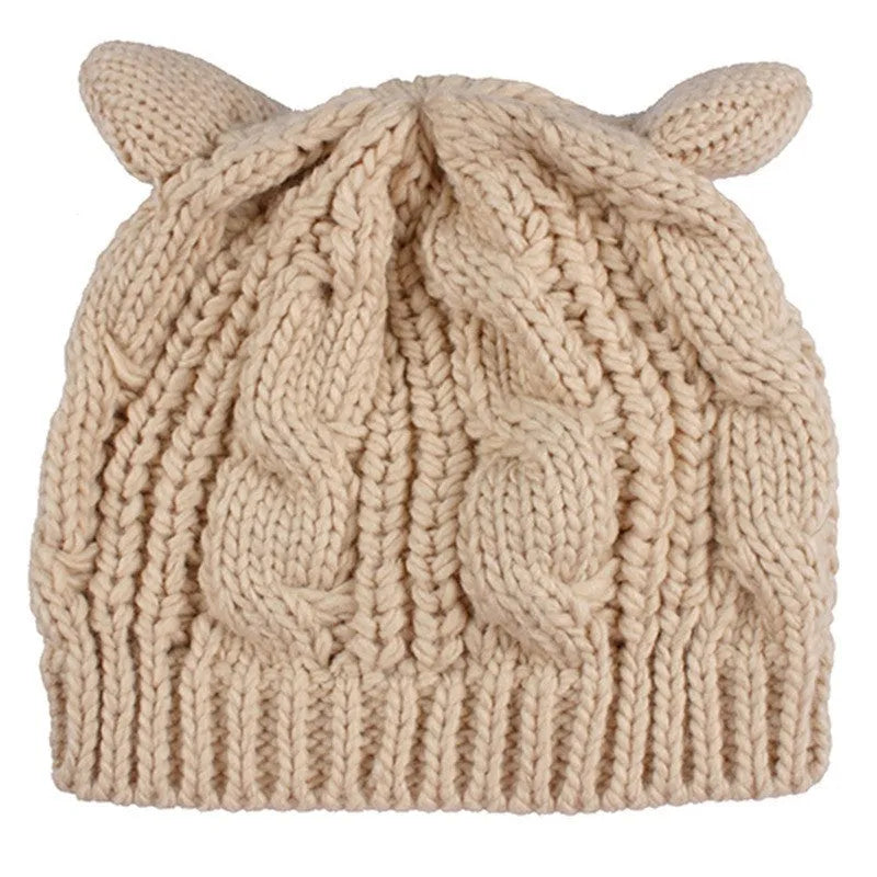 Hand-knitted cat ear beanie in knitting wool with 3D ears in multiple colours for winter
