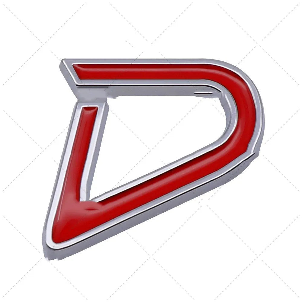 SD and D series metal decorative car sticker in red and black colour combination showing dimensional construction